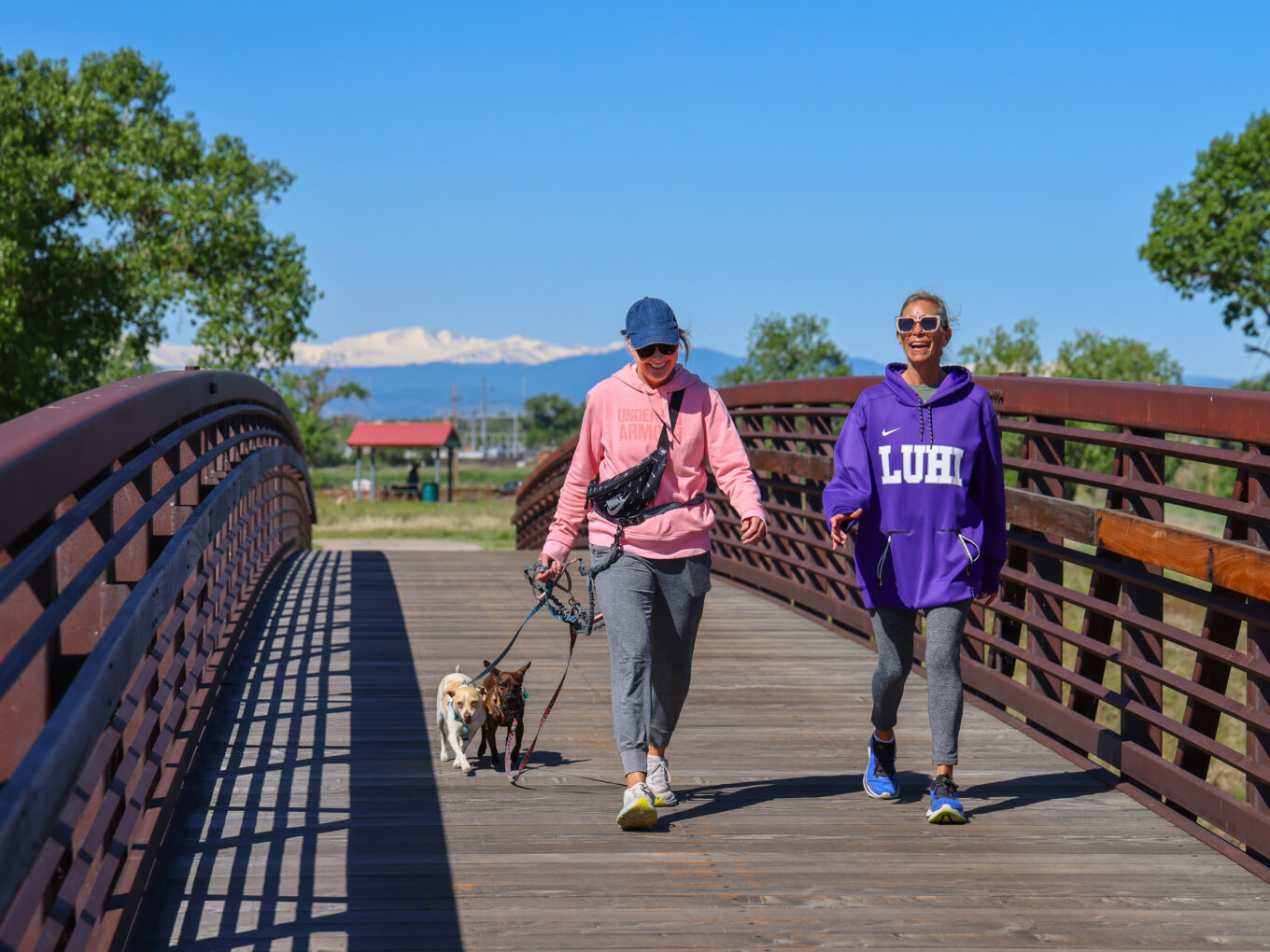 Two people walking dogs on a wooden bridge under a clear blue sky.