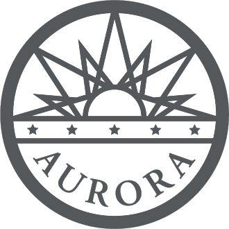Aurora logo, stylized sun and stars in a circular design