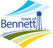 Town of Bennett logo with blue water tower, stylized fields, and sky.