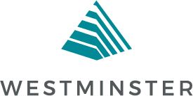 Westminster logo, teal triangular design above bold gray text