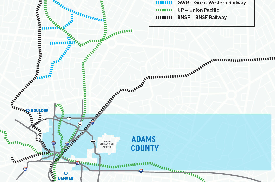 Map of railways in Adams County; showing GWR, UP, and BNSF lines