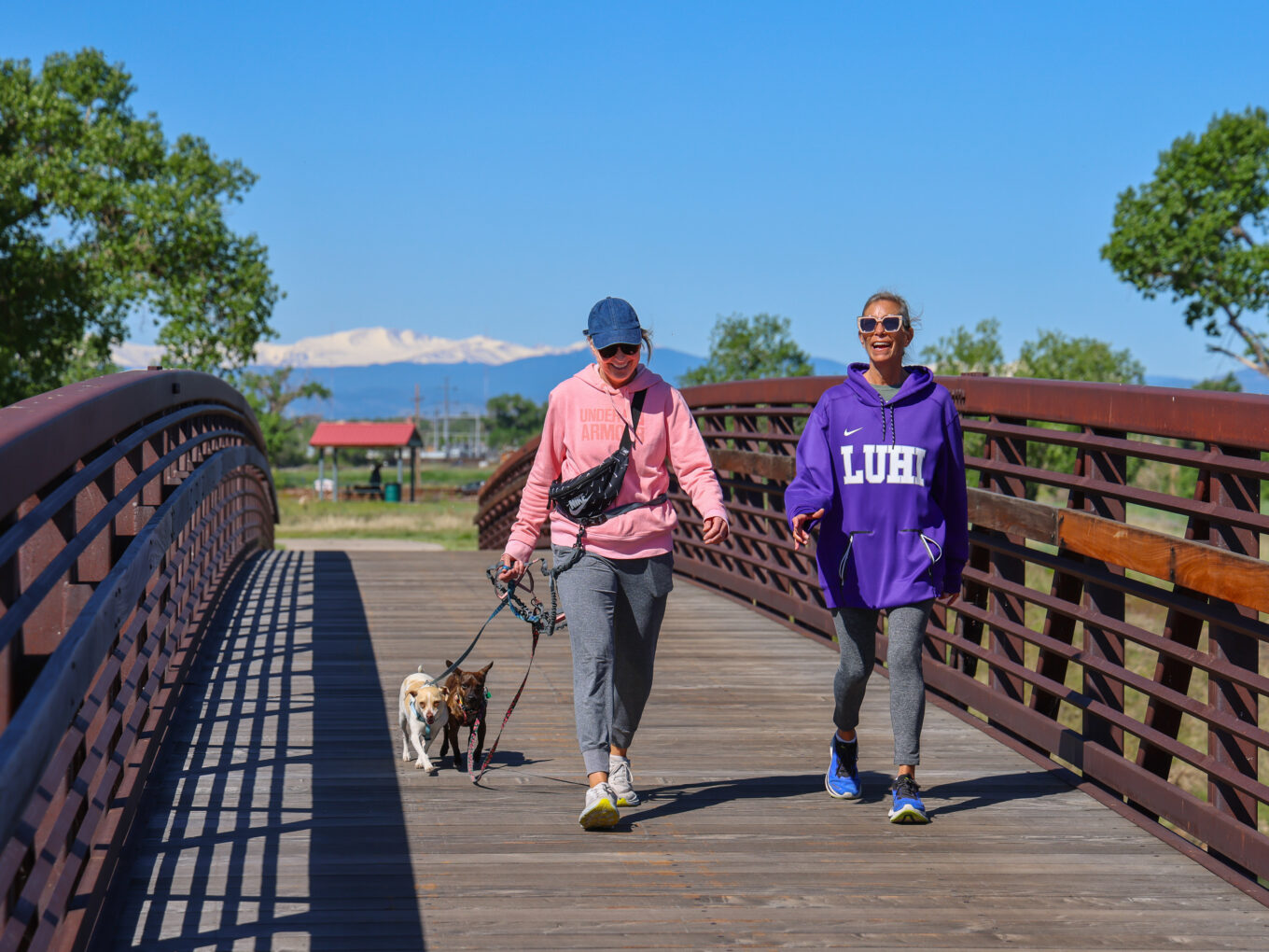 Two people walking dogs on a wooden bridge under a clear blue sky.